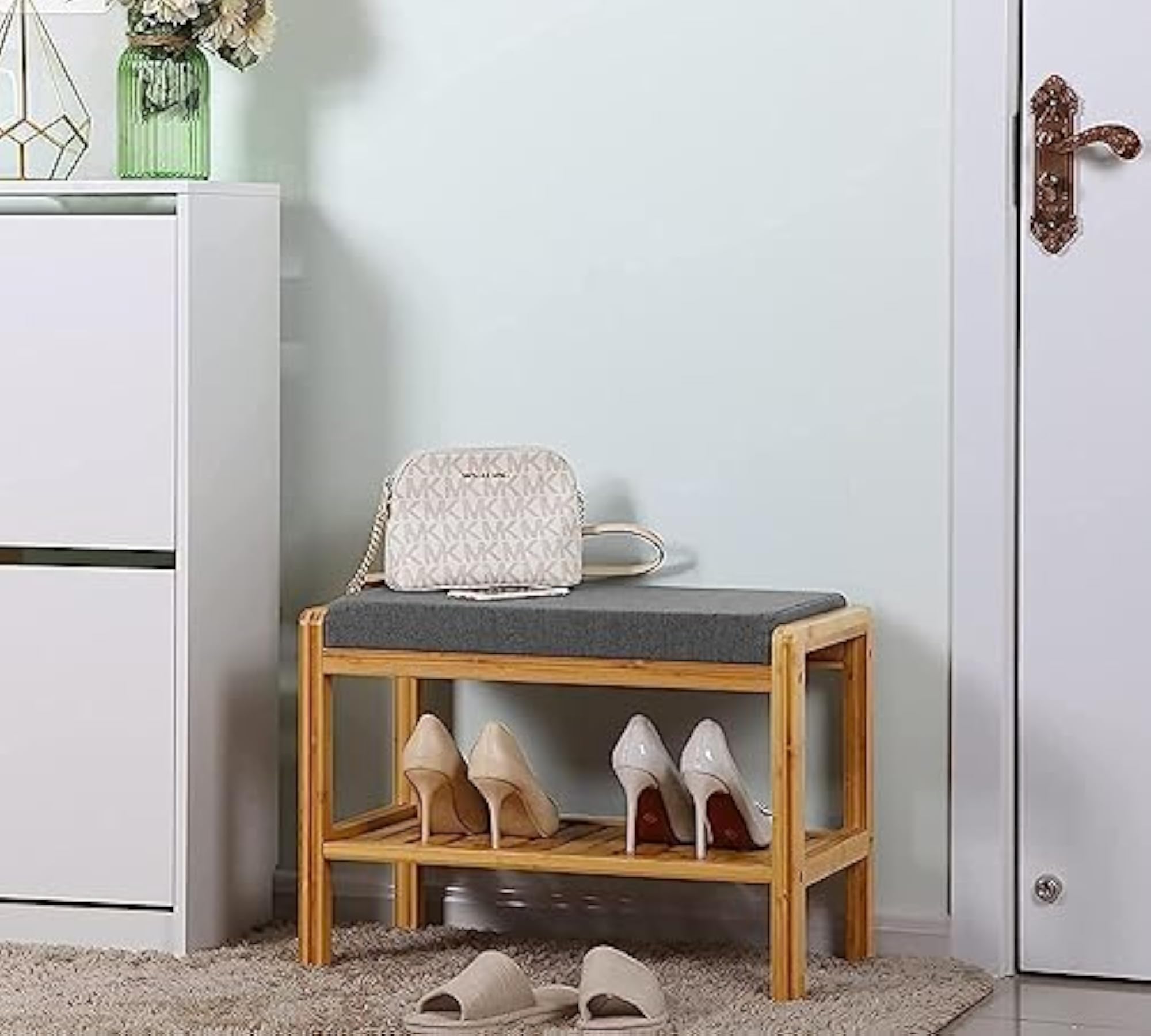 Teak Wooden Shoe Rack and Sitting Stool